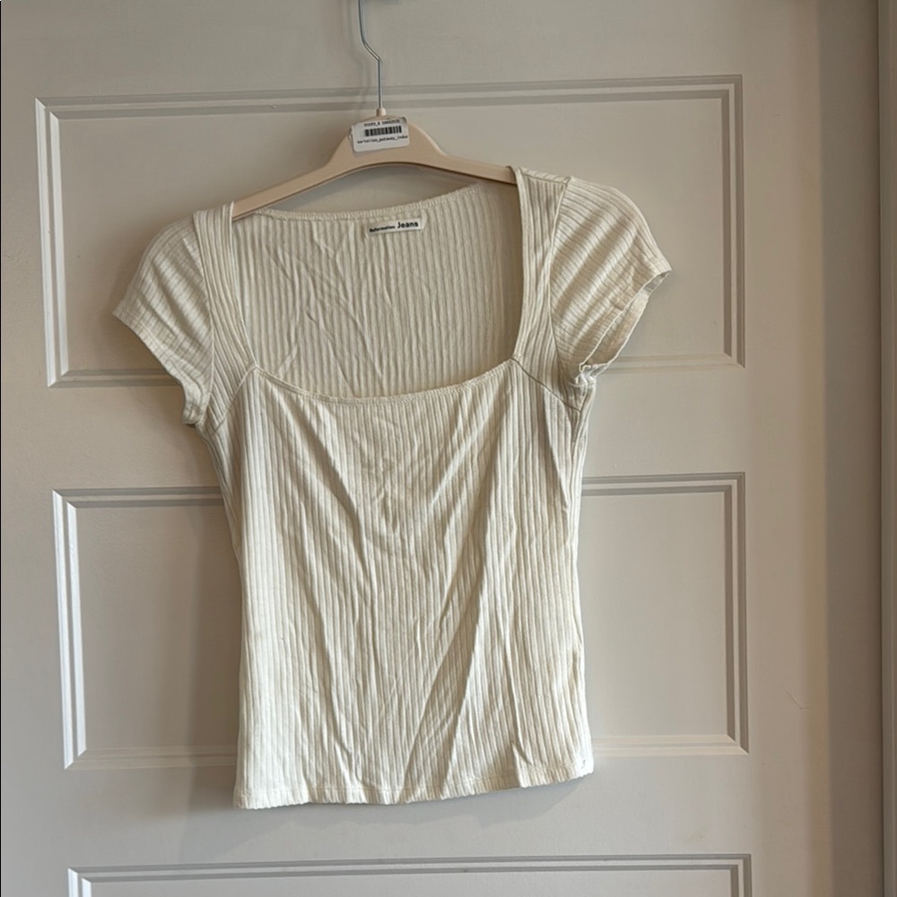Reformation Cream Cap Sleeve Fitted Ribbed Blouse